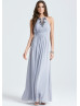 Gray Chiffon Beads Halter Neckline Long Prom Dress 